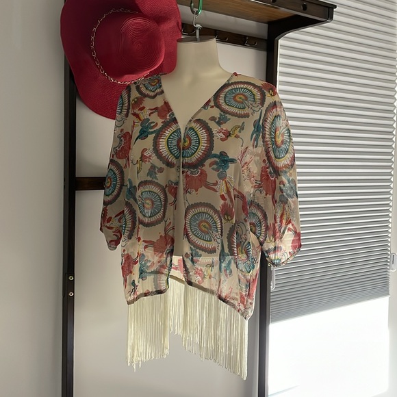 3/$35 Boho colourful cover up with looped fringes and short sleeves . - Picture 3 of 5